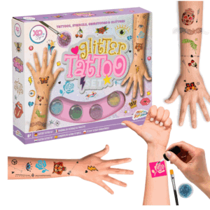 Grafix Mega Glitter Tattoo Set | Glitter Tattoos | 4 kleuren | Met lijm & Kwast | 36 Tattoos | Plak tattoos voor Kinderen