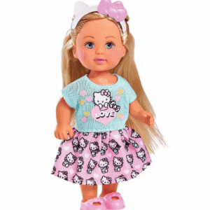 Mini poppenmeid met Hello Kitty print en roze outfit, ideaal voor speelplezier.