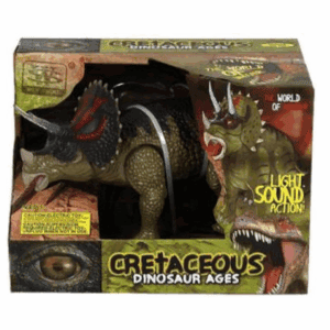 Een op batterijen werkende dinosaurus in een doos